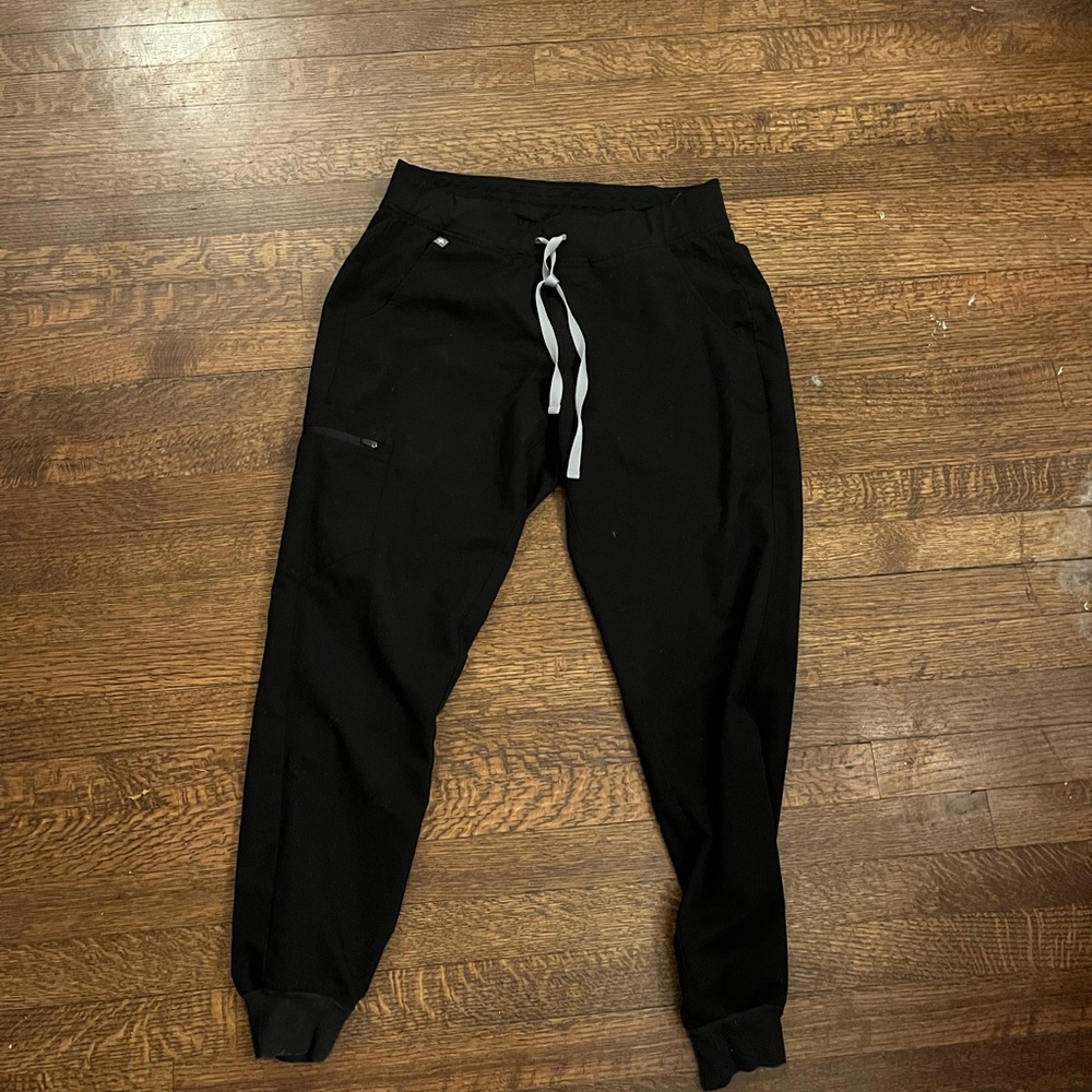 Figs Black Jogger Scrubs with Gray Drawstring